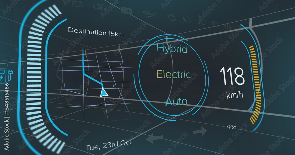 Poster displaying futuristic head-up display in cabin showing navigation route arrow, distance, mode dial