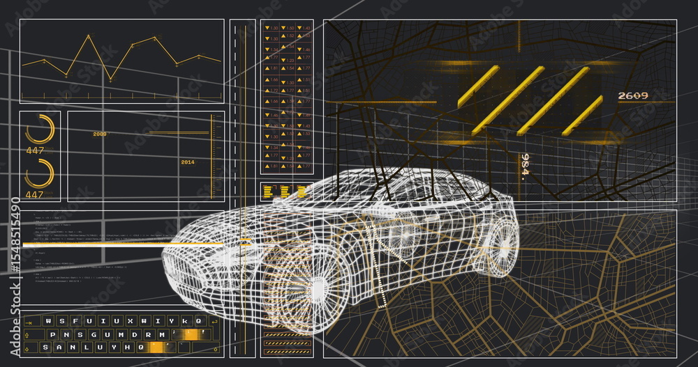 Poster displaying 3d wireframe car model floating in software interface, with line chart panel and gauges