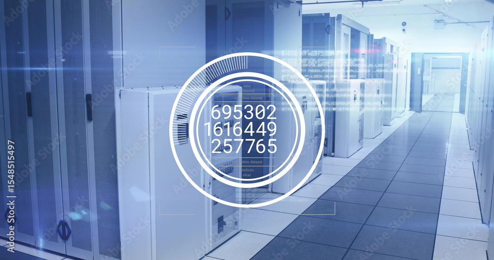 Poster displaying data overlay showing system metrics in data center aisle, with server racks, floor tiles