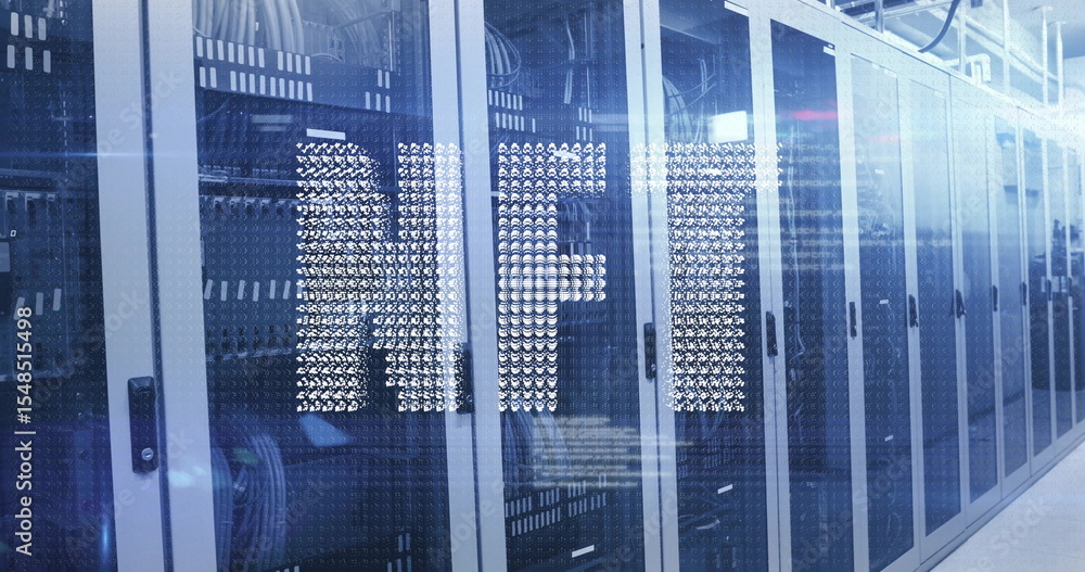 Poster lining server racks displaying network cables and blinking leds in server room aisle, hft overlay