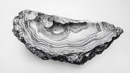 Black & white tree bark fragment showing growth rings against a white background