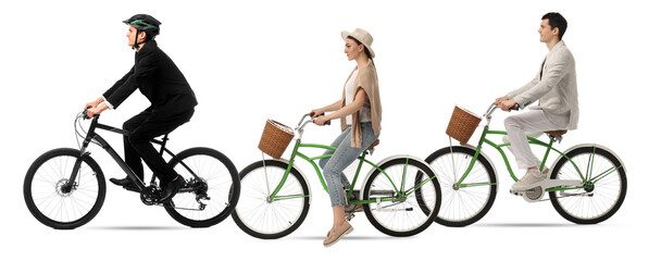 Young man and woman riding bicycles on white background, collage