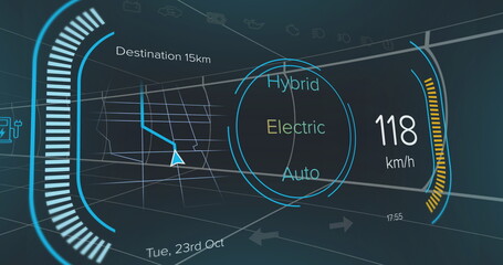 Displaying futuristic head-up display in cabin showing navigation route arrow, distance, mode dial