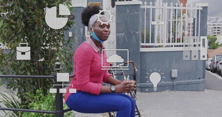 Sitting masked woman wearing pink sweater sipping takeout coffee on sidewalk, with bicycle, icons