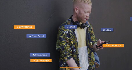 Scanning smartphone, man wearing leaf shirt, headphones on road, with floating UI icons, copy space
