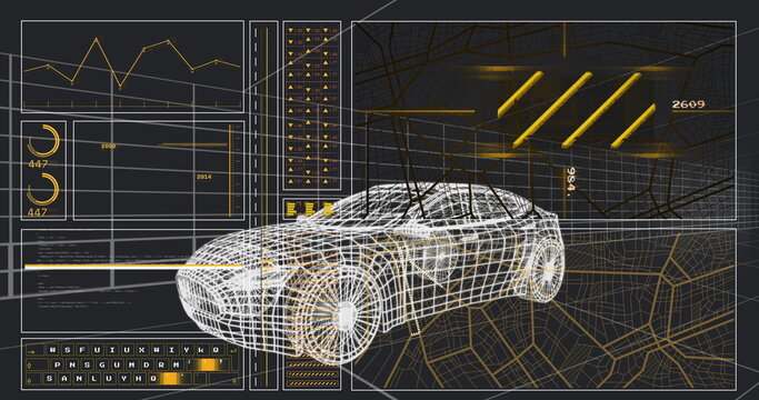 Fototapeta Displaying 3D wireframe car model floating in software interface, with line chart panel and gauges
