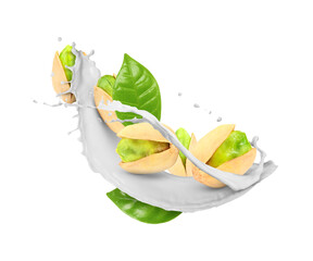 Milk splash with pistachios and green leaves in air on white background
