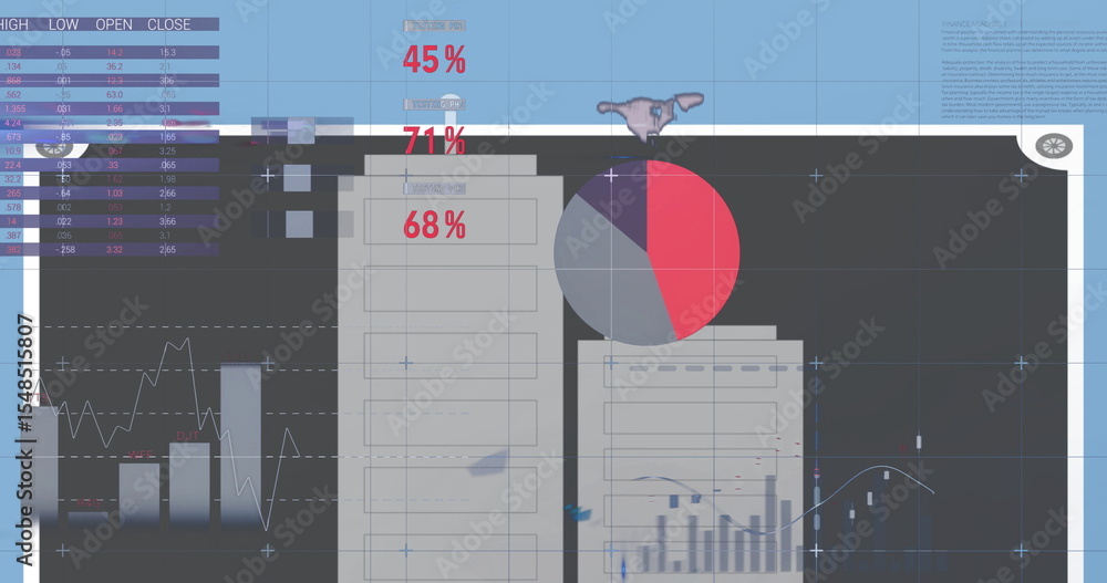 Poster displaying data dashboard showing bar pie line charts, data grid and percentage labels on screen