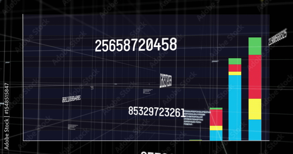 Poster displaying colorful vertical bar chart rising in dashboard with numeric labels, 3d grid, copy space