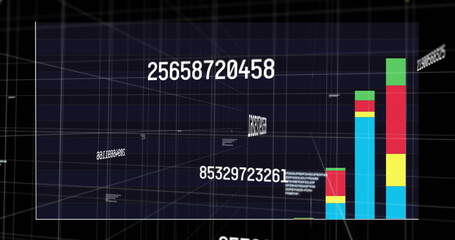 Displaying colorful vertical bar chart rising in dashboard with numeric labels, 3D grid, copy space © vectorfusionart
