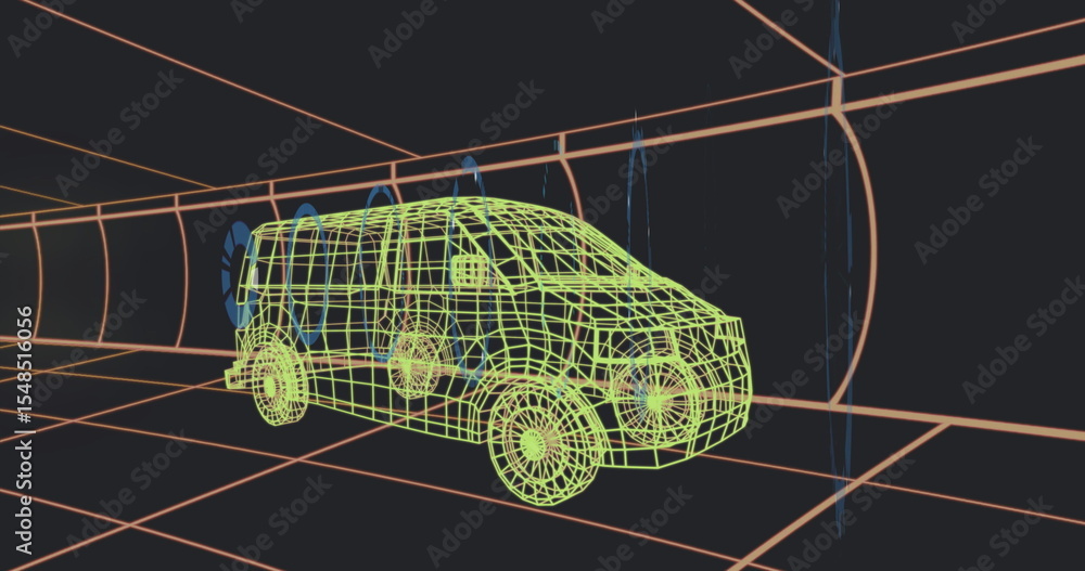 Poster displaying wireframe minivan model moving through wind tunnel grid, showcasing fan attachments