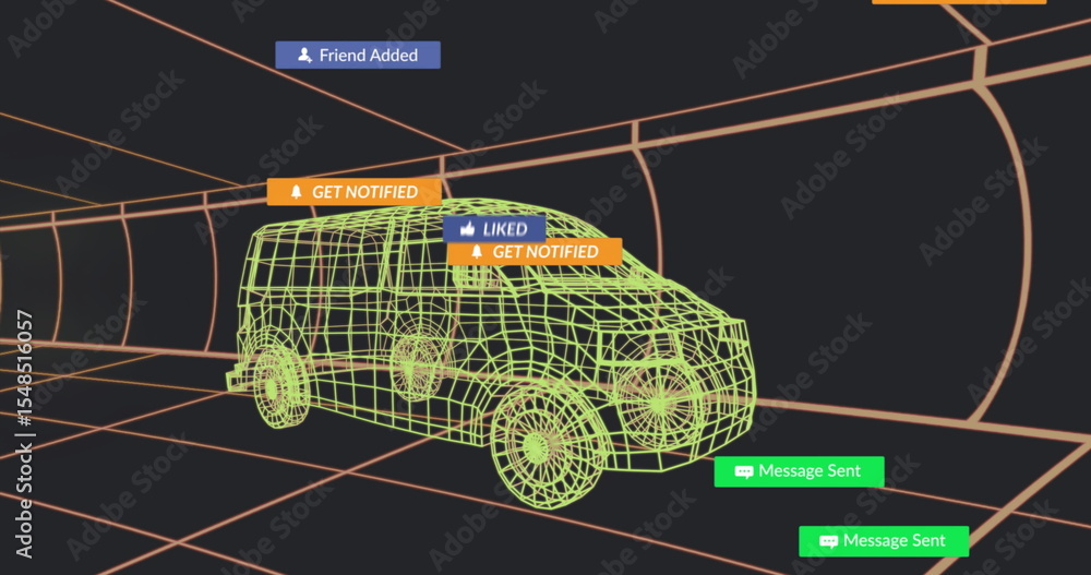 Poster spinning 3d van in grid tunnel with ui notifications friend added or get notified or liked or messag