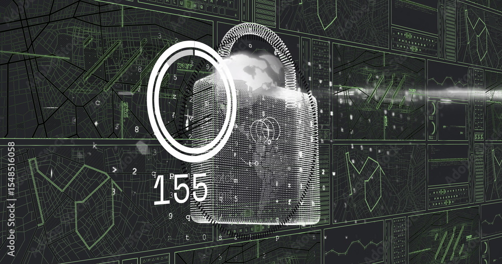 Poster hovering pixelated padlock icon overlaying virtual security dashboard, showing globe and map grids