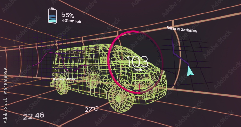 Poster displaying 3d van moving through digital tunnel showing battery speedometer navigation temp or time