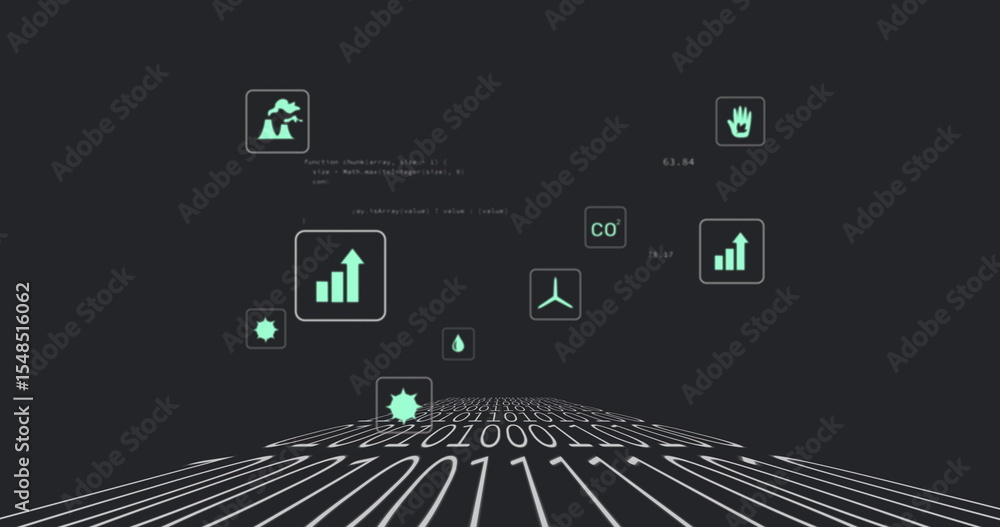Poster displaying binary grid in virtual interface, with floating volcano icon and bar-chart indicators