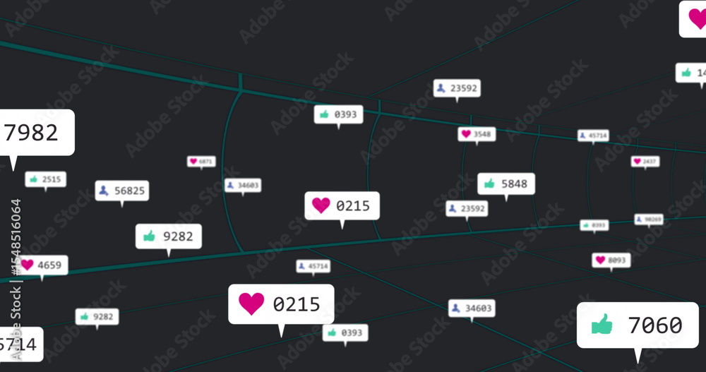 Poster displaying white bubble box with heart icon and numeric counter on 3d grid, showing engagement data