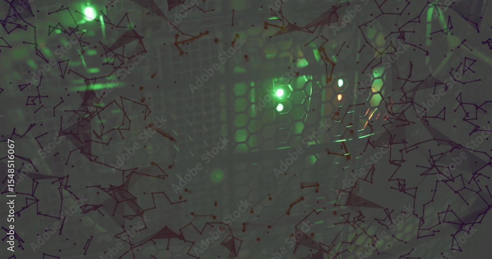 Poster featuring rack front panel showing honeycomb grill at data center, with leds and network overlay