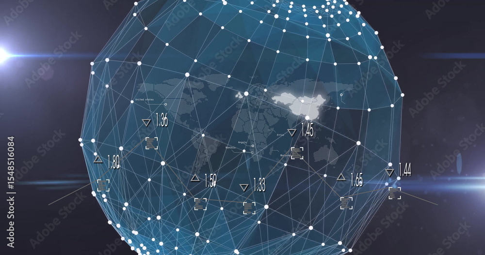 Poster displaying semi-transparent sphere glowing on digital interface with nodes, grid and numeric labels