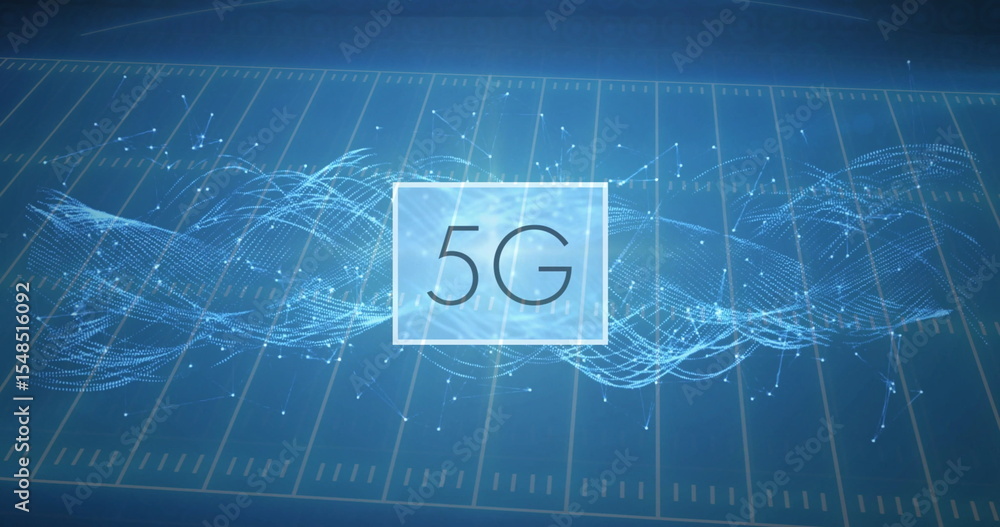 Poster highlighting white frame showing 5g text in digital data grid, with light-blue particle waveforms