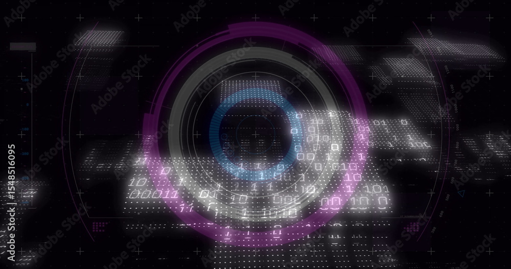 Poster overlaying digital display, circular interface featuring concentric rings and binary code grid