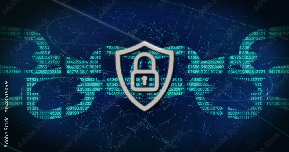 Poster glowing shield showing padlock symbol on dark blue field, with code streams and network mesh