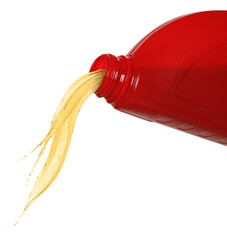 Motor oil splashing out from red container on white background, closeup