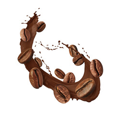 Coffee splash with roasted beans in air on white background