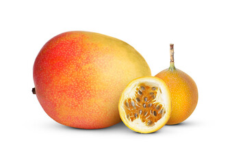 Fresh juicy mango and passion fruits isolated on white
