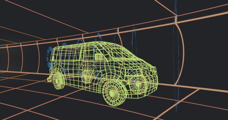 Displaying wireframe minivan model moving through wind tunnel grid, showcasing fan attachments