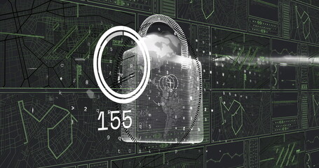 Hovering pixelated padlock icon overlaying virtual security dashboard, showing globe and map grids
