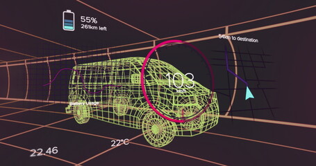Displaying 3D van moving through digital tunnel showing battery speedometer navigation temp or time