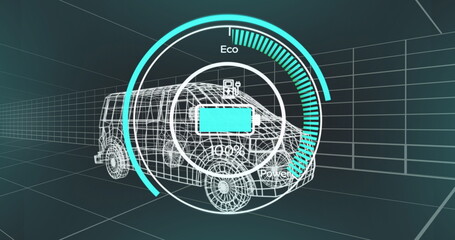 Displaying wireframe van within teal grid, with circular battery HUD showing Eco or Power labels