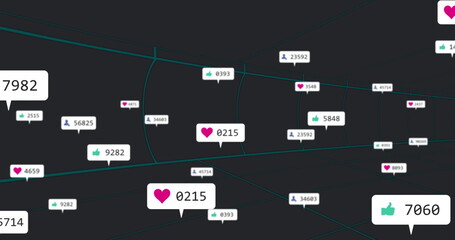 Displaying white bubble box with heart icon and numeric counter on 3D grid, showing engagement data