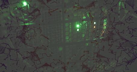 Featuring rack front panel showing honeycomb grill at data center, with LEDs and network overlay