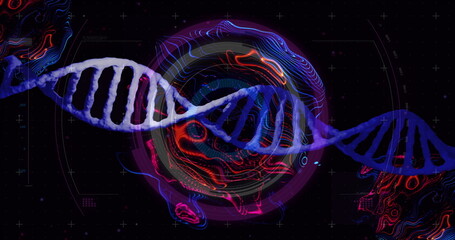 Screen showing glowing DNA helix on digital display, with HUD overlays, contour and grid markers