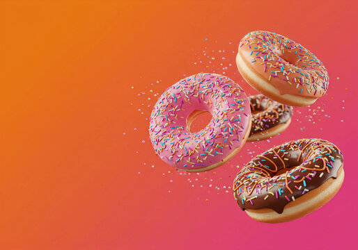 Assorted frosted donuts topped with rainbow sprinkles appear to float mid-air against a bright orange-to-pink gradient background with sugar particles.