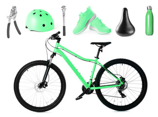 Bicycle, its parts and accessories on white background, collage