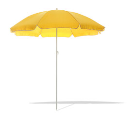 Yellow beach umbrella casting shadow on white background