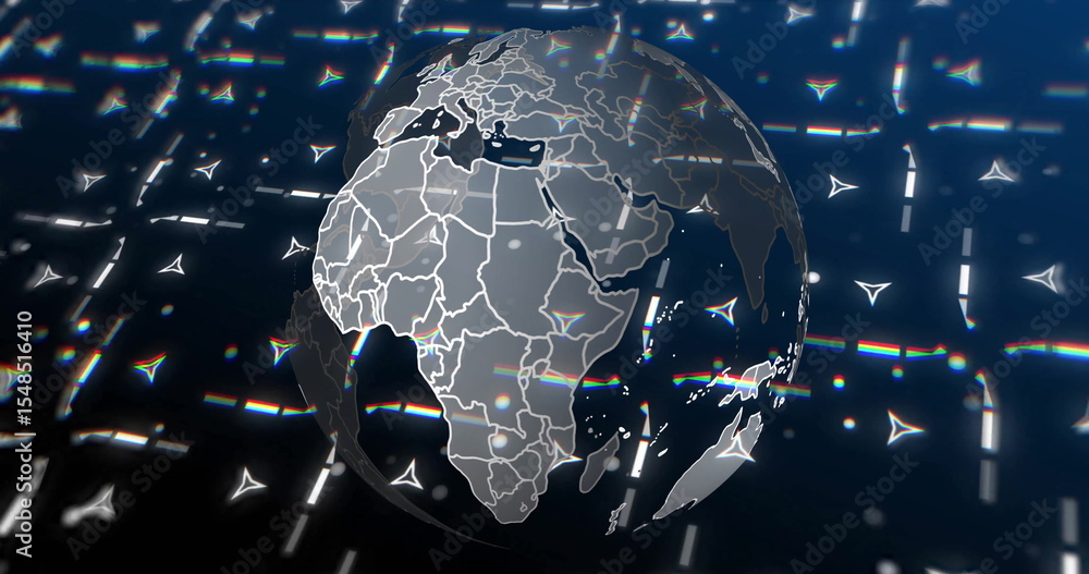 Aufkleber floating digital globe showing continent outlines in grid matrix, with arrows and glowing particles