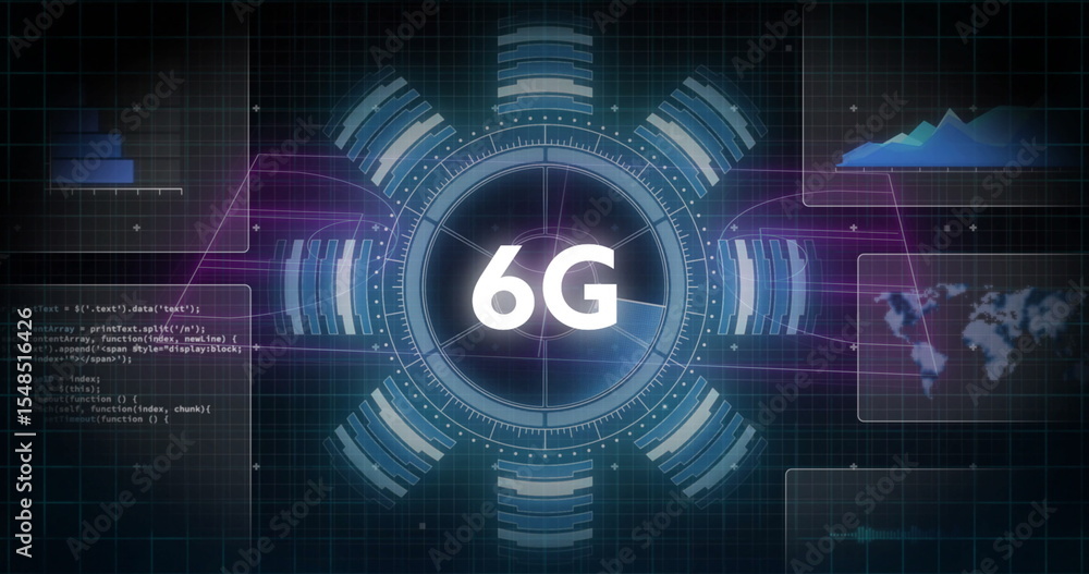 Poster showing central circular hud element glowing neon on digital dashboard, with code and data panels