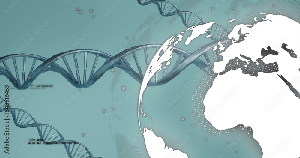 Poster displaying dna double helix strands across teal, with globe silhouette, code snippets and particles