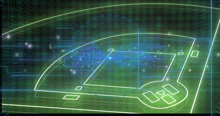 Glowing baseball diamond diagram casting grid and numeric ticks in digital interface with flares