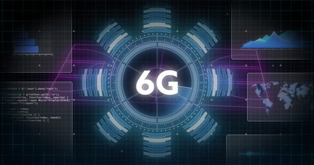 Showing central circular HUD element glowing neon on digital dashboard, with code and data panels