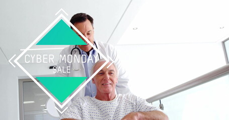 Doctor guiding patient in wheelchair hospital hallway, with gown stethoscope handrail sale graphic