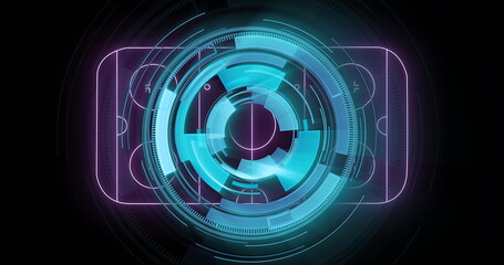 Floating interface glowing in dark void, with concentric neon rings, grid lines and faint frame