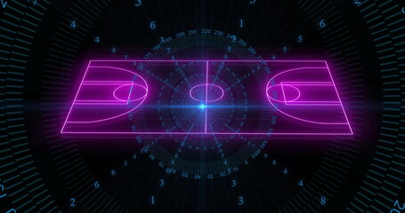 Rotating neon purple basketball court schematic on HUD, with radial grid lines and degree markings