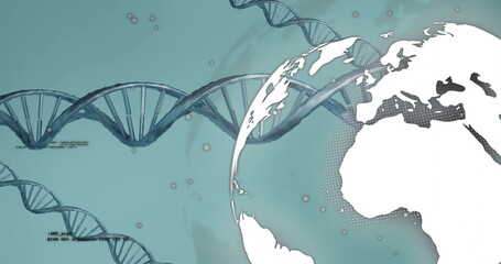 Displaying DNA double helix strands across teal, with globe silhouette, code snippets and particles