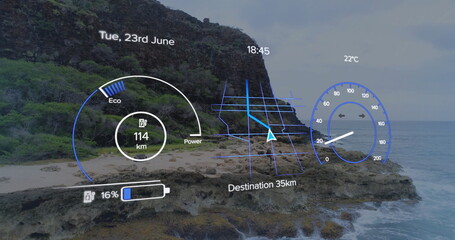 Displaying HUD overlay on coastal shore, with Eco gauge, 35 km destination, battery and speed