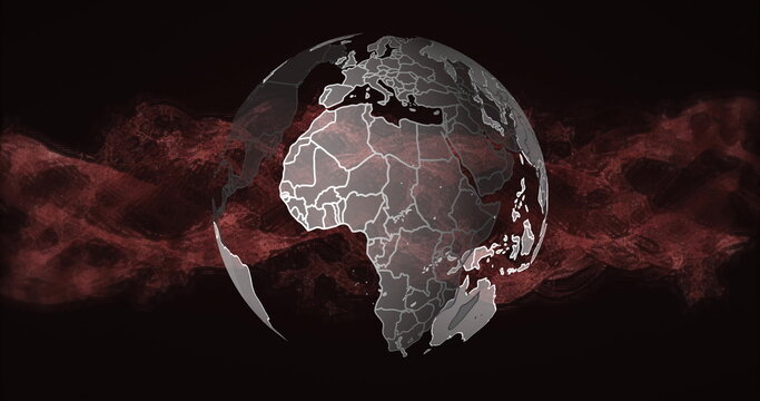 Naklejki Spinning 3D globe showing white continent outlines in dark virtual space, with red wave mesh