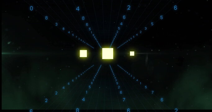 Naklejki Glowing yellow cubes emitting blue numeric streams in 3D matrix space, with faint grid lines